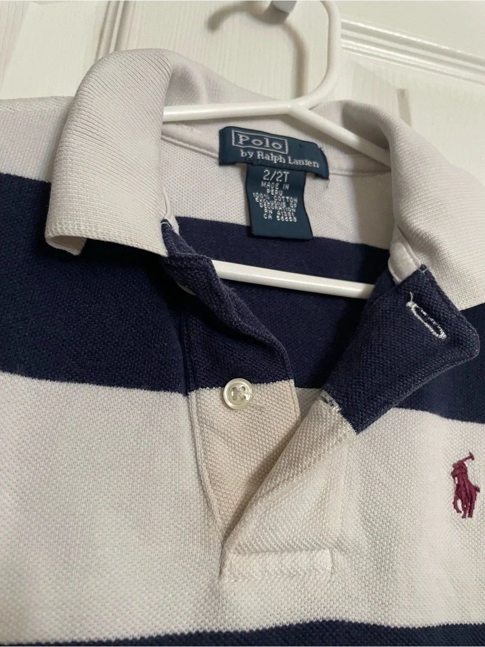Polo by Ralph Lauren Boys' 2T Navy & White Striped Rugby Polo with Red Logo